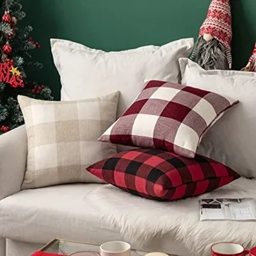 MIULEE Pack of 2 Christmas Classic Farmhouse Buffalo Check Plaids Linen Soft Soild Decorative Square Throw Pillow Covers Home Decor Cushion Case for Sofa Bedroom 18x18 Inch, White and Red