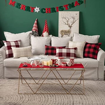 MIULEE Pack of 2 Christmas Classic Farmhouse Buffalo Check Plaids Linen Soft Soild Decorative Square Throw Pillow Covers Home Decor Cushion Case for Sofa Bedroom 18x18 Inch, White and Red