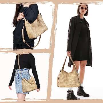 OlyPegic Woven Bag for Women, Woven Tote Bag Vegan Leather Retro Handbag, Handmade Summer Beach Bag Large Capacity Shoulder Bags Shopping Travel (Apricot)