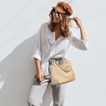 OlyPegic Woven Bag for Women, Woven Tote Bag Vegan Leather Retro Handbag, Handmade Summer Beach Bag Large Capacity Shoulder Bags Shopping Travel (Apricot)