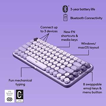 Logitech POP Keys + POP Mouse - Wireless Keyboard and Bluetooth Mouse Combo with Typewriter-Style Mechanical Keys, Emoji Features, Cute Compact Design - Cosmos