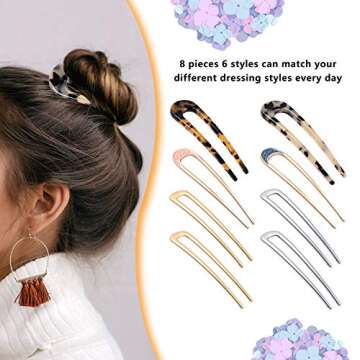 8 Pieces U-Shaped Hairpin Fork Sticks Tortoise Shell Hair Clips Bun Hair Pins Clips 2 Prongs Hair Stick Metal Hair Pin for Women Hair Styling Accessories