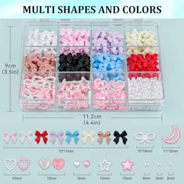 600 Pcs 3D Nail Charms and Flatback Pearls Set 1, 8 Colors Nail Bows Charm + Pink&White Star Heart M...