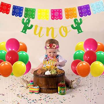First Fiesta Birthday Decorations - Mexican 1st Birthday Party Supplies Gold First Fiesta Balloons, Mexican Uno Cactus Banner Cake Topper for Taco Bout Uno Cinco De Mayo Party Decor
