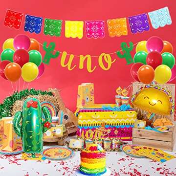First Fiesta Birthday Decorations - Mexican 1st Birthday Party Supplies Gold First Fiesta Balloons, Mexican Uno Cactus Banner Cake Topper for Taco Bout Uno Cinco De Mayo Party Decor