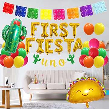 First Fiesta Birthday Decorations - Mexican 1st Birthday Party Supplies Gold First Fiesta Balloons, Mexican Uno Cactus Banner Cake Topper for Taco Bout Uno Cinco De Mayo Party Decor