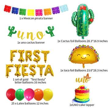 First Fiesta Birthday Decorations - Mexican 1st Birthday Party Supplies Gold First Fiesta Balloons, Mexican Uno Cactus Banner Cake Topper for Taco Bout Uno Cinco De Mayo Party Decor