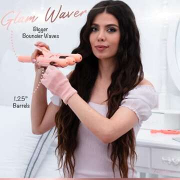 Large 3 Barrel Curling Iron, Triple Hair Waver & Crimper Wand for Beach Waves, Ceramic Tourmaline with Adjustable Temperature - Glam Waver, Pink