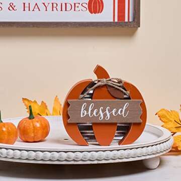 HPC DECOR Fall Tiered Tray Decor- Fall Decor Artificial Pumpkin- Rustic Wooden Fall Sign Table Decor- Home- Farmhouse Chunky Pumpkin Decor for Autumn, Thanksgiving, Harvest, Halloween Decor