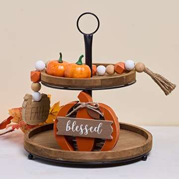 HPC DECOR Fall Tiered Tray Decor- Fall Decor Artificial Pumpkin- Rustic Wooden Fall Sign Table Decor- Home- Farmhouse Chunky Pumpkin Decor for Autumn, Thanksgiving, Harvest, Halloween Decor