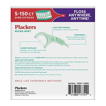 Plackers Micro Mint Dental Flossers, Fold-Out Toothpick, Super Tuffloss, Easy Storage with Sure-Zip ...