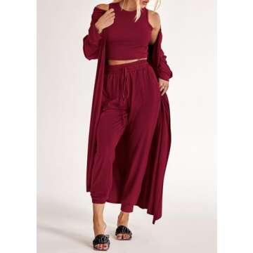 KIRUNDO Women Spring 3 Piece Outfits Casual Fall Long Sleeve Long Cardigan Sleeveless Crop Top Drawstring Pants Lounge Sets(Wine Red, X-Large)