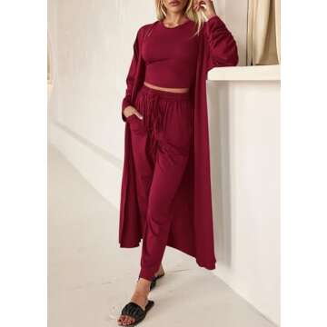 KIRUNDO Women Spring 3 Piece Outfits Casual Fall Long Sleeve Long Cardigan Sleeveless Crop Top Drawstring Pants Lounge Sets(Wine Red, X-Large)