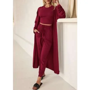 KIRUNDO Women Spring 3 Piece Outfits Casual Fall Long Sleeve Long Cardigan Sleeveless Crop Top Drawstring Pants Lounge Sets(Wine Red, X-Large)