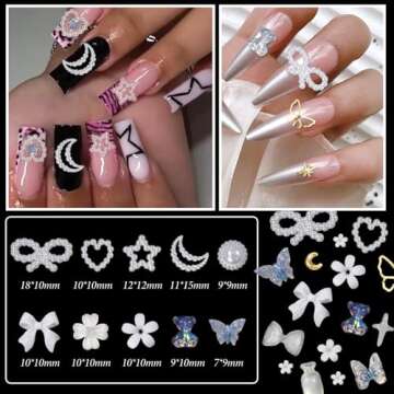 Assorted 3D Nail Charms Gems, White Acrylic Bow Flowers Butterfly Bear Nail Charms, Moon Star Pearls...