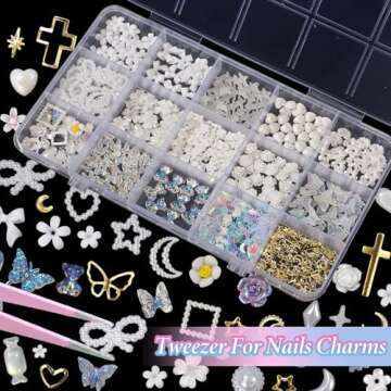 Assorted 3D Nail Charms Gems, White Acrylic Bow Flowers Butterfly Bear Nail Charms, Moon Star Pearls Nail Art Charms, Gold Butterfly Star Nail Art Studs Charms for Nails Art DIY