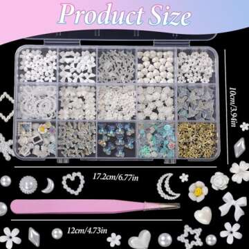 Assorted 3D Nail Charms Gems, White Acrylic Bow Flowers Butterfly Bear Nail Charms, Moon Star Pearls Nail Art Charms, Gold Butterfly Star Nail Art Studs Charms for Nails Art DIY