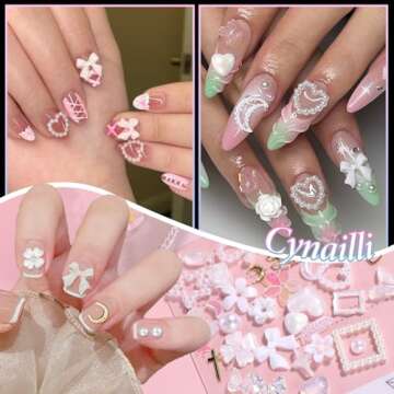 Assorted 3D Nail Charms Gems, White Acrylic Bow Flowers Butterfly Bear Nail Charms, Moon Star Pearls Nail Art Charms, Gold Butterfly Star Nail Art Studs Charms for Nails Art DIY