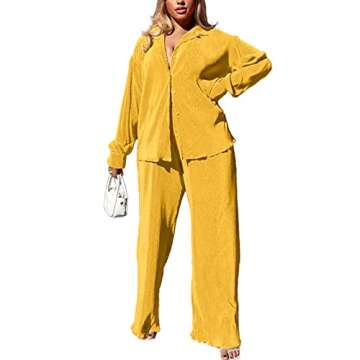 kaimimei Casual 2 Piece Outfit for Women - Linen Long Sleeve Button Down Shirt + Flare Pleated Wide ...