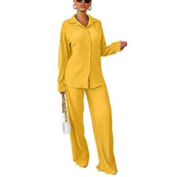 kaimimei Casual 2 Piece Outfit for Women - Linen Long Sleeve Button Down Shirt + Flare Pleated Wide Leg Pants Sets Streetwear