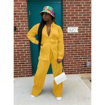 kaimimei Casual 2 Piece Outfit for Women - Linen Long Sleeve Button Down Shirt + Flare Pleated Wide Leg Pants Sets Streetwear