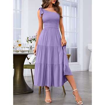 MEROKEETY Women's Summer One Shoulder Sleeveless Knot Smocked Midi Dress Split Tiered Flowy Dresses,Purple,S