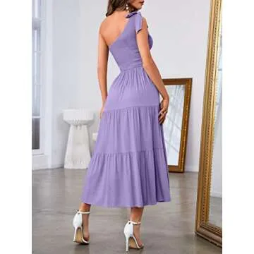 MEROKEETY Women's Summer One Shoulder Sleeveless Knot Smocked Midi Dress Split Tiered Flowy Dresses,Purple,S