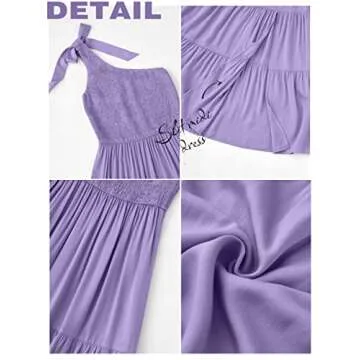 MEROKEETY Women's Summer One Shoulder Sleeveless Knot Smocked Midi Dress Split Tiered Flowy Dresses,Purple,S