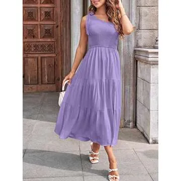 MEROKEETY Women's Summer One Shoulder Sleeveless Knot Smocked Midi Dress Split Tiered Flowy Dresses,Purple,S