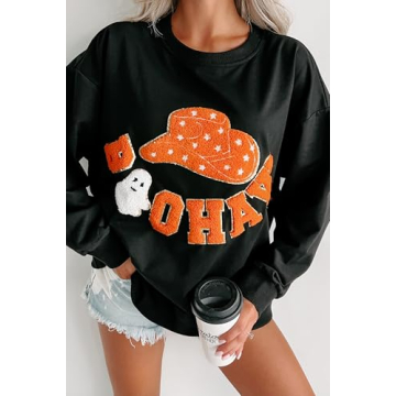 Seyumixi Women Halloween Spooky Sweatshirt Sequin Cute Graphic Ghost Shirts Pumpkin Print Crewneck Fall Pullover Tops(Orange Black,S)