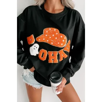 Seyumixi Women Halloween Spooky Sweatshirt Sequin Cute Graphic Ghost Shirts Pumpkin Print Crewneck Fall Pullover Tops(Orange Black,S)