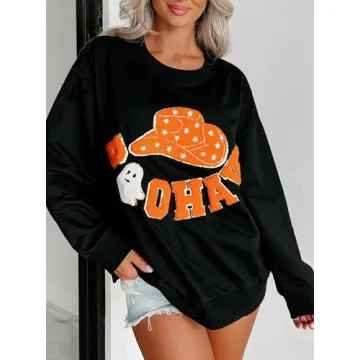 Seyumixi Women Halloween Spooky Sweatshirt Sequin Cute Graphic Ghost Shirts Pumpkin Print Crewneck Fall Pullover Tops(Orange Black,S)