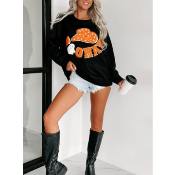 Seyumixi Women Halloween Spooky Sweatshirt Sequin Cute Graphic Ghost Shirts Pumpkin Print Crewneck Fall Pullover Tops(Orange Black,S)