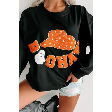 Seyumixi Women Halloween Spooky Sweatshirt Sequin Cute Graphic Ghost Shirts Pumpkin Print Crewneck Fall Pullover Tops(Orange Black,S)