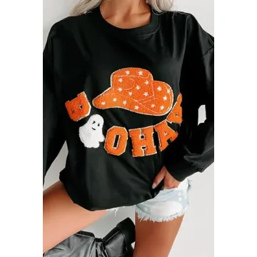 Seyumixi Women Halloween Spooky Sweatshirt Sequin Cute Graphic Ghost Shirts Pumpkin Print Crewneck Fall Pullover Tops(Orange Black,S)