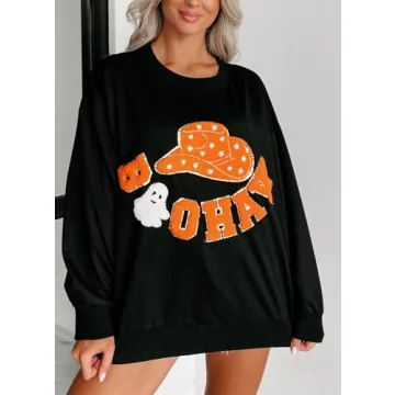 Seyumixi Women Halloween Spooky Sweatshirt Sequin Cute Graphic Ghost Shirts Pumpkin Print Crewneck Fall Pullover Tops(Orange Black,S)