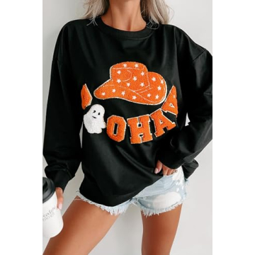 Seyumixi Women Halloween Spooky Sweatshirt Sequin Cute Graphic Ghost Shirts Pumpkin Print Crewneck Fall Pullover Tops(Orange Black,S)