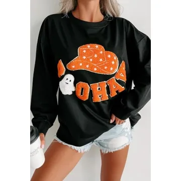 Seyumixi Women Halloween Spooky Sweatshirt Sequin Cute Graphic Ghost Shirts Pumpkin Print Crewneck Fall Pullover Tops(Orange Black,S)