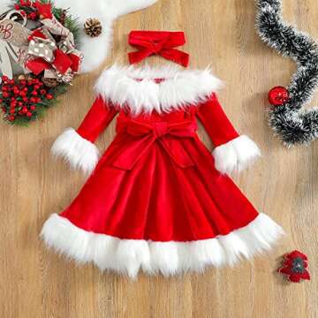 ZINTAOZT Toddler Girls Christmas Dress Santa Claus Outfit Red Long Sleeve Princess Plush Trim Dress Velvet Xmas Party Dress (A Red, 4-5T)