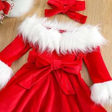 ZINTAOZT Toddler Girls Christmas Dress Santa Claus Outfit Red Long Sleeve Princess Plush Trim Dress Velvet Xmas Party Dress (A Red, 4-5T)