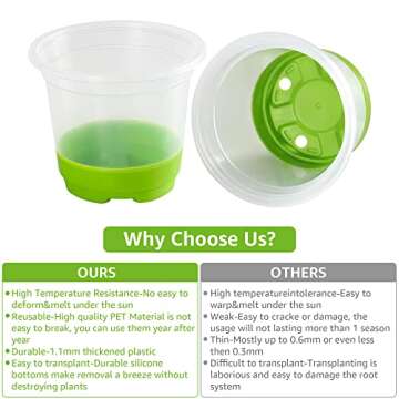 MIXC 30 Packs 4" Reinforced Clear Nursery Pots with Silicone Base for Easy Transplant, Transparent Plastic Plant Pot Reusable Seedling Pots Seed Starter Pots Flower Pot, Green