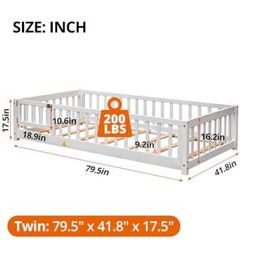 i-POOK Twin Floor Bed for Children, Sturdy Wood Montessori Bed Frame with Wood Slats, High Fence & S...