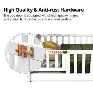 i-POOK Twin Floor Bed for Children, Sturdy Wood Montessori Bed Frame with Wood Slats, High Fence & Small Door, Montessori Floor Bed for Girls and Boys, White