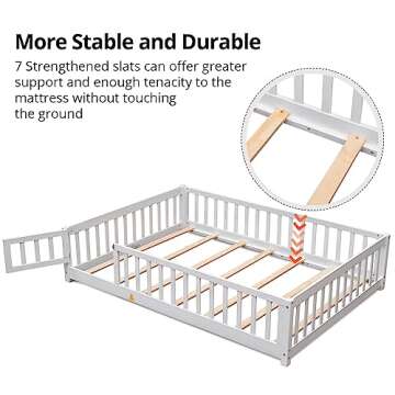 i-POOK Twin Floor Bed for Children, Sturdy Wood Montessori Bed Frame with Wood Slats, High Fence & Small Door, Montessori Floor Bed for Girls and Boys, White