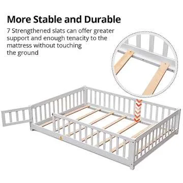 i-POOK Twin Floor Bed for Children, Sturdy Wood Montessori Bed Frame with Wood Slats, High Fence & Small Door, Montessori Floor Bed for Girls and Boys, White