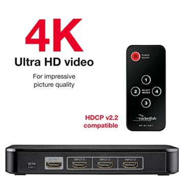 Rocketfish 4-Port 4K 60Hz HDMI Switch Box - Switch Box with 4k 60Hz Video Compatibility - Connects 4 HDMI Source Components - Audio & Video Selector Box - HDMI Box with HDCP V2.2 Compatibility - Black