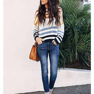 cordat Women Sweaters Long Sleeve Crew Neck Color Block Striped Oversized Casual Knitted Pullover Tops Blue