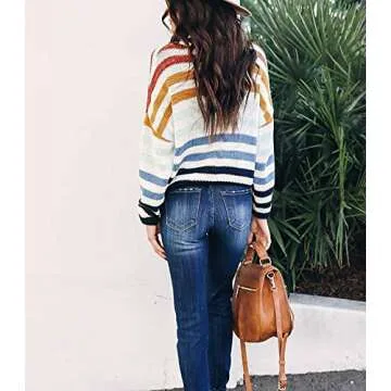 cordat Women Sweaters Long Sleeve Crew Neck Color Block Striped Oversized Casual Knitted Pullover Tops Blue