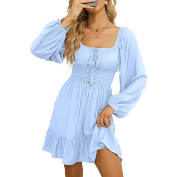 Dokotoo Summer Dresses for Women 2023 Lantern Long Sleeve Ruffle Elastic Waist Blue Dress Casual Ruf...