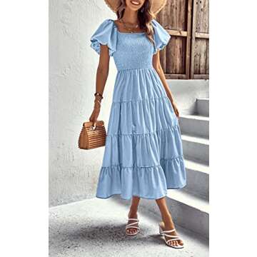 CFLONGE Women's 2024 Summer Casual Boho Beach Dress Square Neck Puff Sleeve High Waist Ruffle Flowy A Line Maxi Sun Dresses(Light Blue,Small)